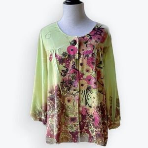 B.L.E.U. Green & Floral Lightweight Cardigan Artsy Embellished Full Sleeves ~ S